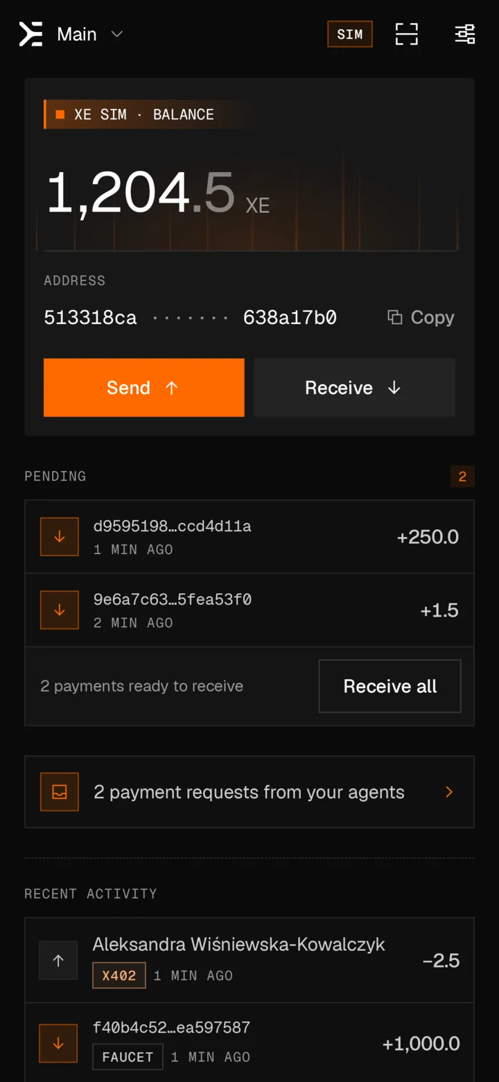 XE Wallet's home screen on Android: a balance of 1,204.5 XE on XE Sim, Send and Receive, two pending payments with Receive all, two payment requests from agents, and recent activity.