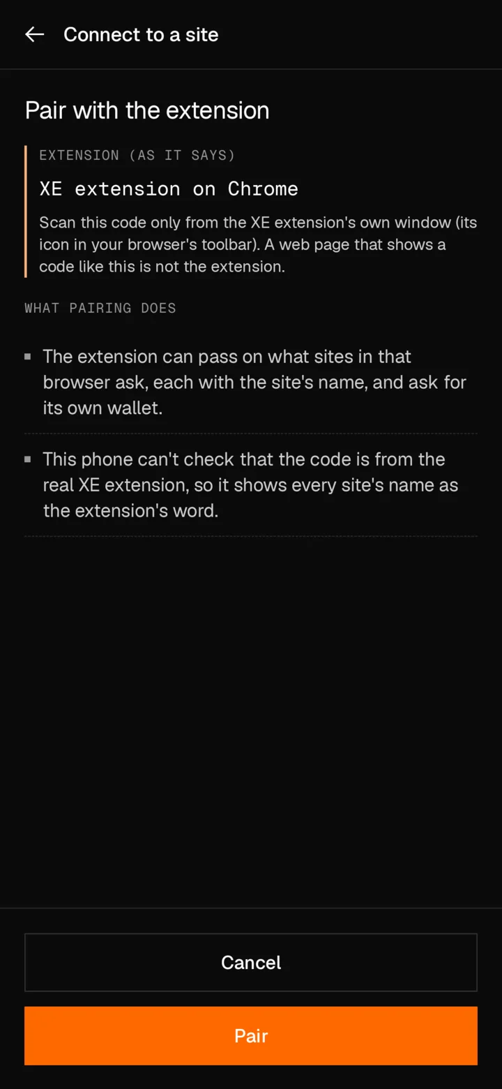 Pairing with the XE extension on Android: the extension on Chrome as it names itself, a note to scan the code only from the extension's own window, what pairing does, and a Pair button.