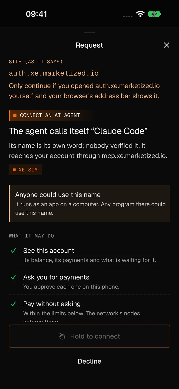An AI agent asks to connect: the site auth.xe.marketized.io as it names itself, the agent calls itself Claude Code and reaches the account through mcp.xe.marketized.io, and what it may do: see the account, ask for payments, and pay without asking within limits.