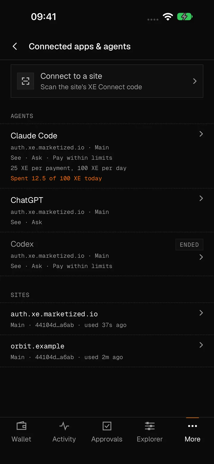 Connected apps and agents: Claude Code, ChatGPT and Codex with what each may do and what Claude Code spent today, one marked ended, and two connected sites.