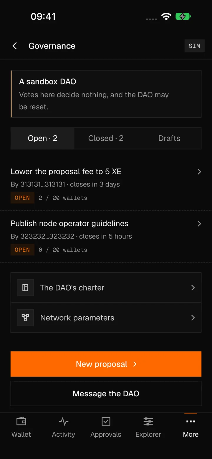 Governance: a sandbox DAO whose votes decide nothing, two open proposals with their closing times and turnout, links to the DAO's charter and network parameters, New proposal and Message the DAO.