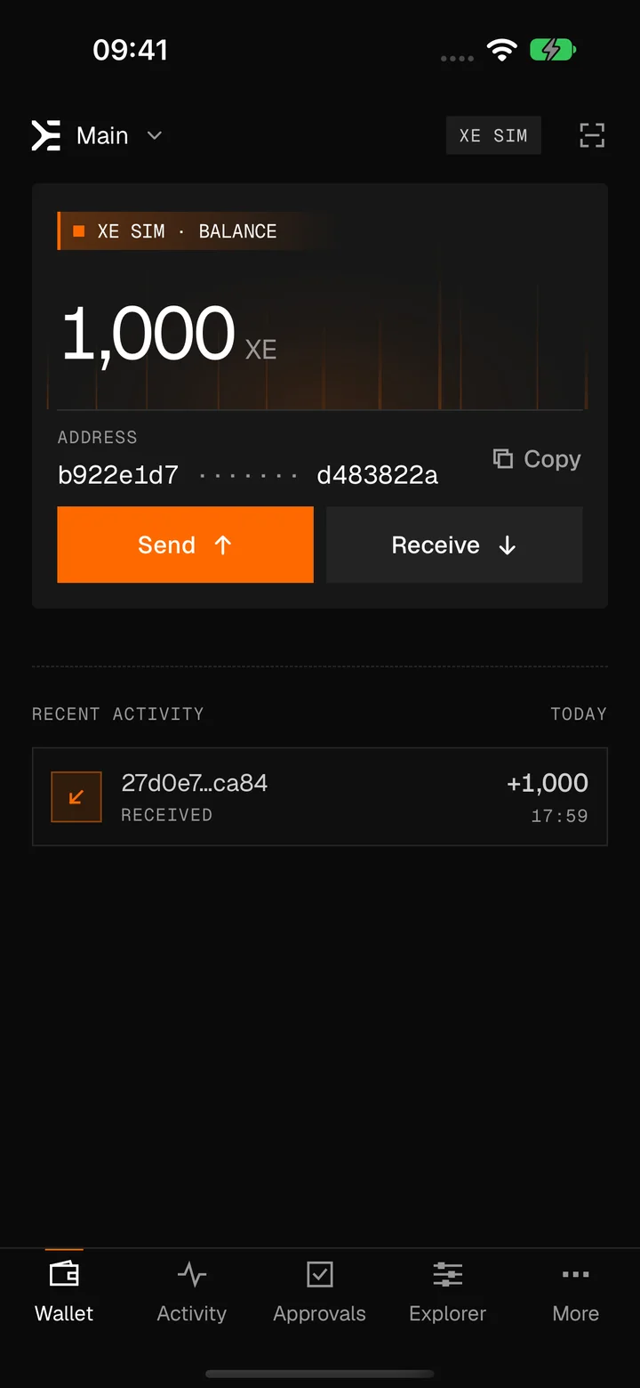 XE Wallet's home screen on iPhone: the account Main on XE Sim with a balance of 1,000 XE, its address with a Copy button, Send and Receive, and one payment received today.