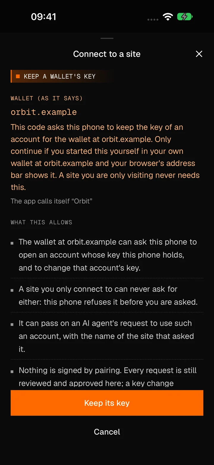 A code from orbit.example asks the phone to keep the key of an account for that wallet. The screen says to continue only if you started this yourself, lists what the role allows, and offers Keep its key or Cancel.