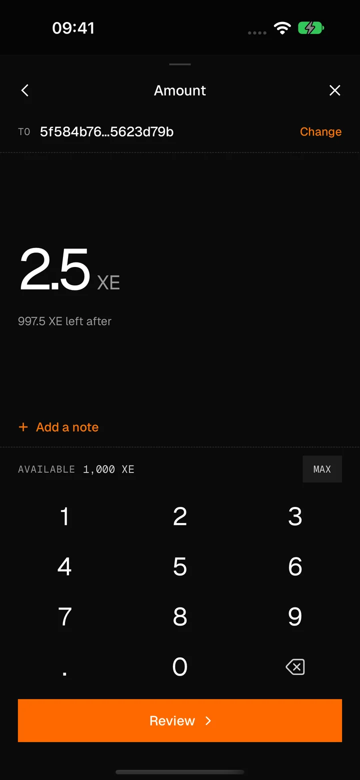 Entering an amount: 2.5 XE to an address shown by its first and last characters, 997.5 XE left after, a keypad and a Review button.