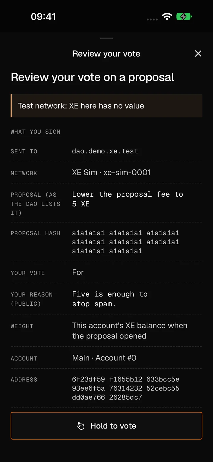 Reviewing a vote: the proposal, the vote For with a public reason, the weight it carries, the account, and Hold to vote.